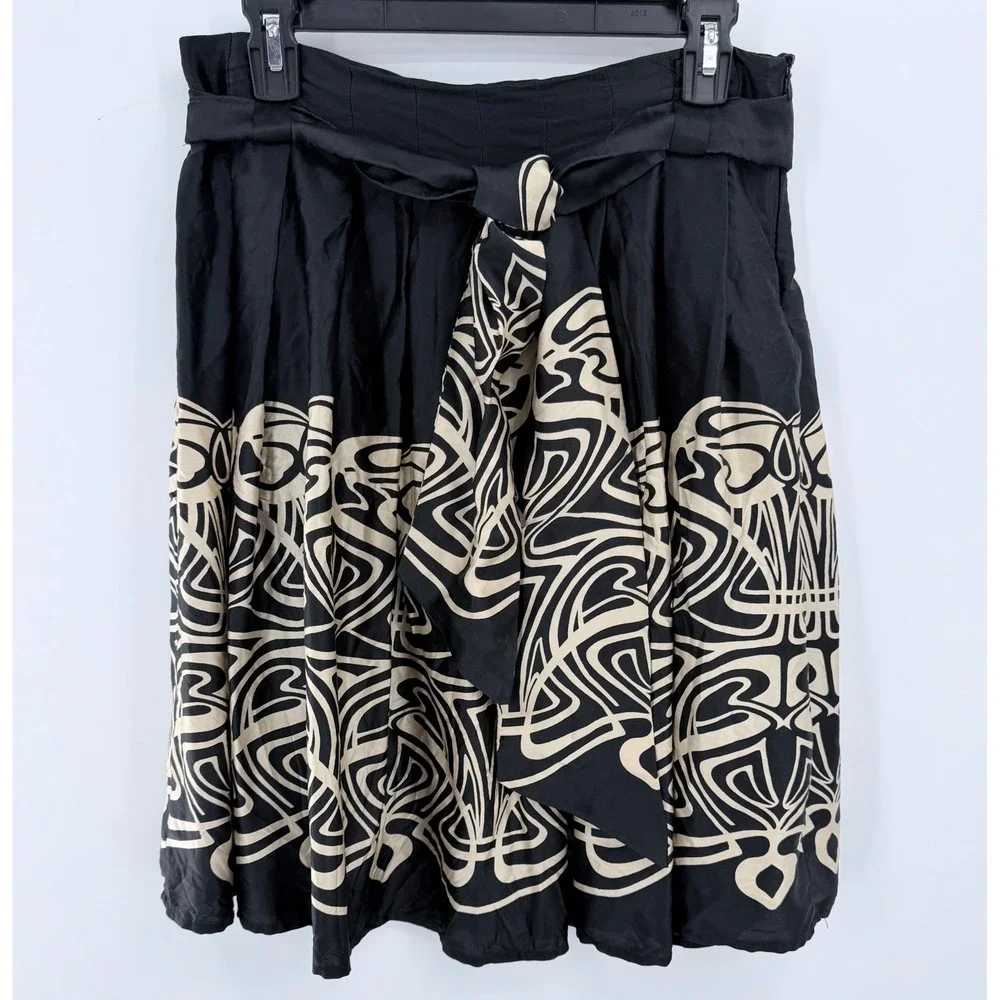 Zara Woman Skirt Women Size 6 Black Cream Abstract Art Nouveau Tie Waist Spain